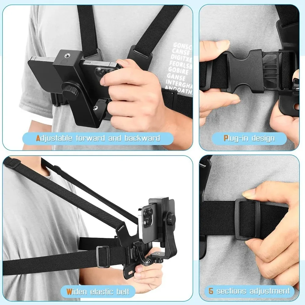 1 pc suporte de clipe de telefone ajustável com suporte de fixação de cinta de peito para câmera esportiva câmera de telefone móvel acessório de suporte preto