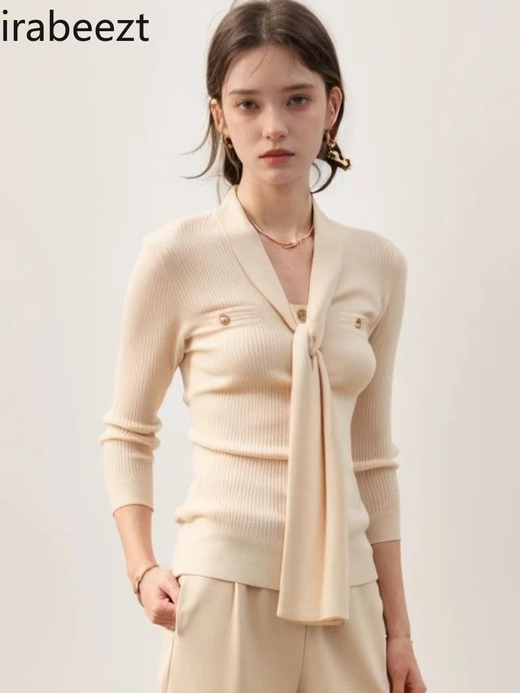 

Elegant V-Neck Tie-Wrap Long Sleeve Sweater Women Winter Ribbed Knit Top Slimming Belted Waist Feminine Blouse Tunic Pullover