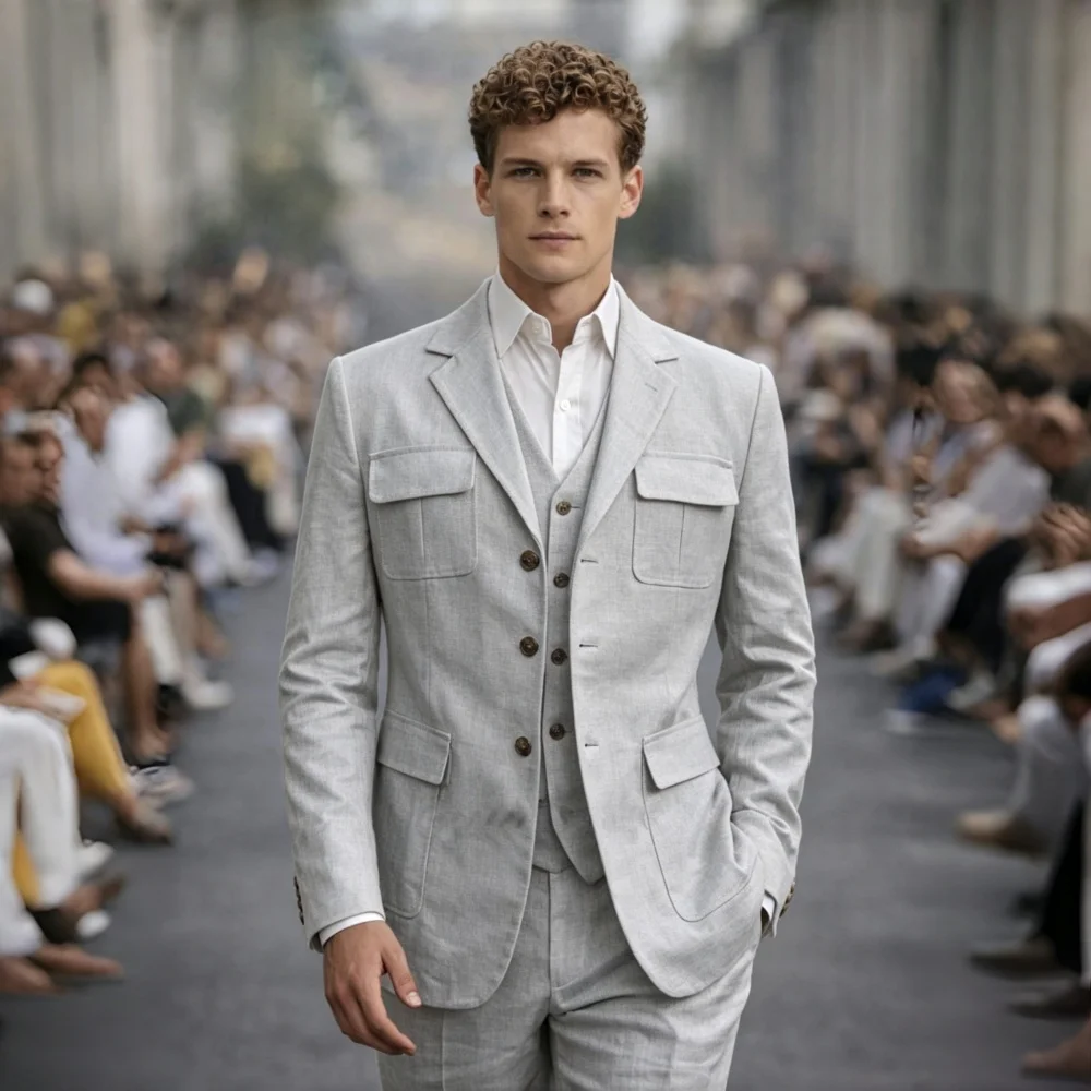 Linen Summer Three Pieces Safari Suit Separates Blazer with Vest Pants for Men Wedding Groom Tuxedo Terno Masculino Men Suit Set