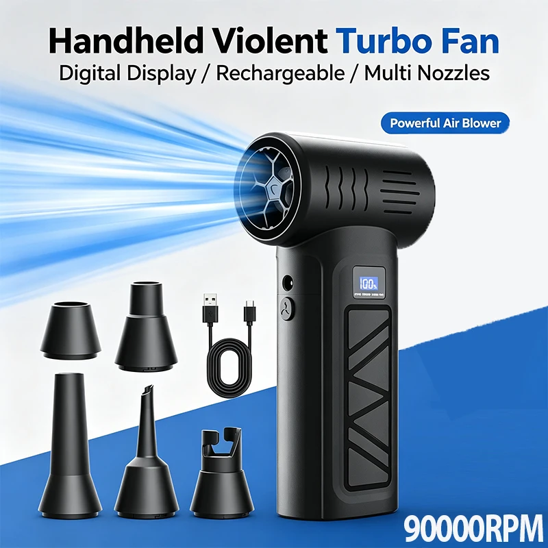 Handheld Violent Turbo Fan Digital Display Type-C Rechargeable Brushless Air Blower With 5 Nozzles, 4 Speed For Car Snow PC BBQ