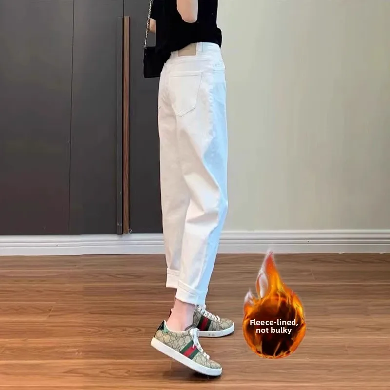 

Thickened Fleece White Harlan Denim Jeans Women Slim High Waist Non See through Small Size Nine Points Cover Hip Hop Dad Pants