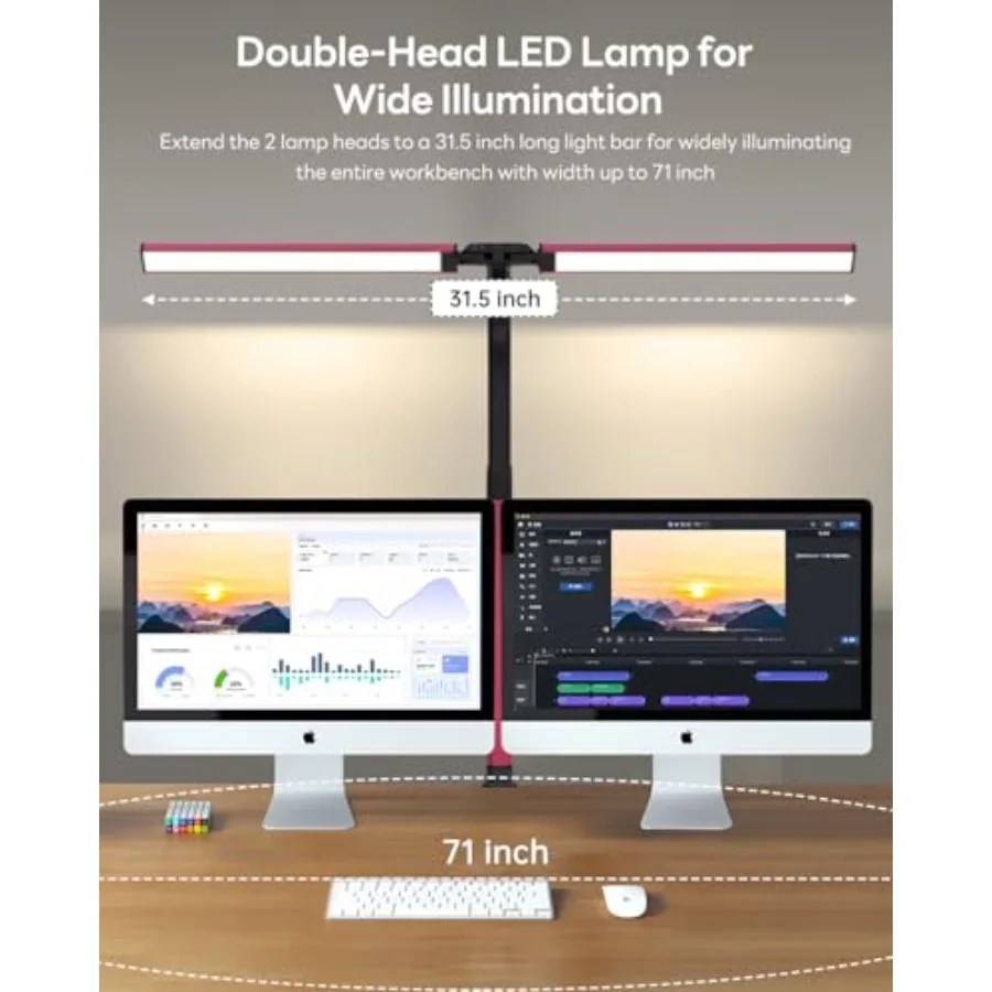 LED Desk Lamp for Home Office Eye-Caring Desk Light with Clamp Stepless Dimming 24W Double Head Architect Task Lamp with Remote