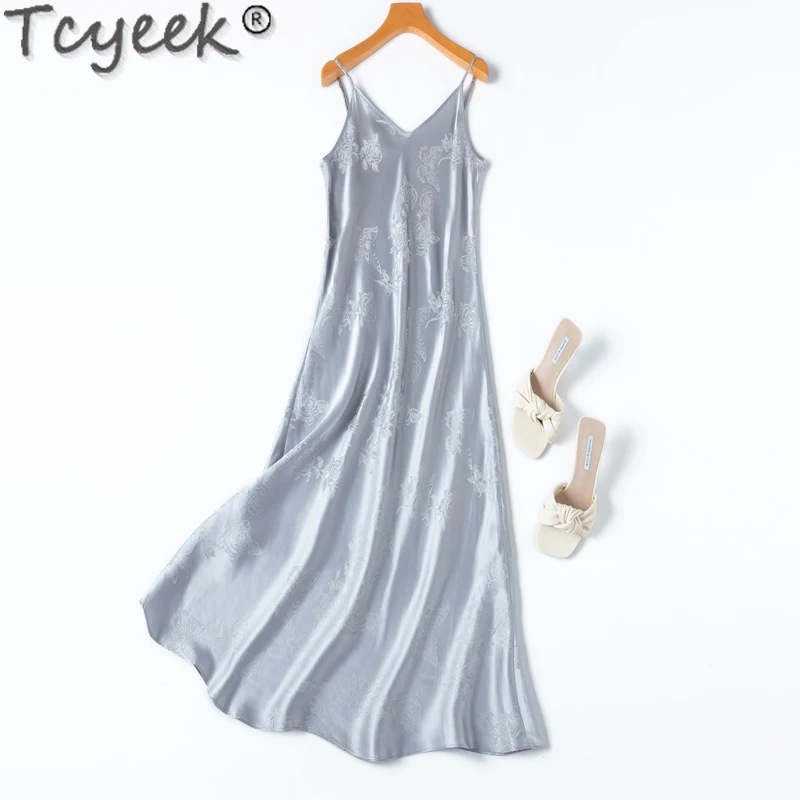 Tcyeek-Vestido de seda auténtica para Mujer, maxivestido de seda de morera, ropa de verano, elegante, 21MM, 100%