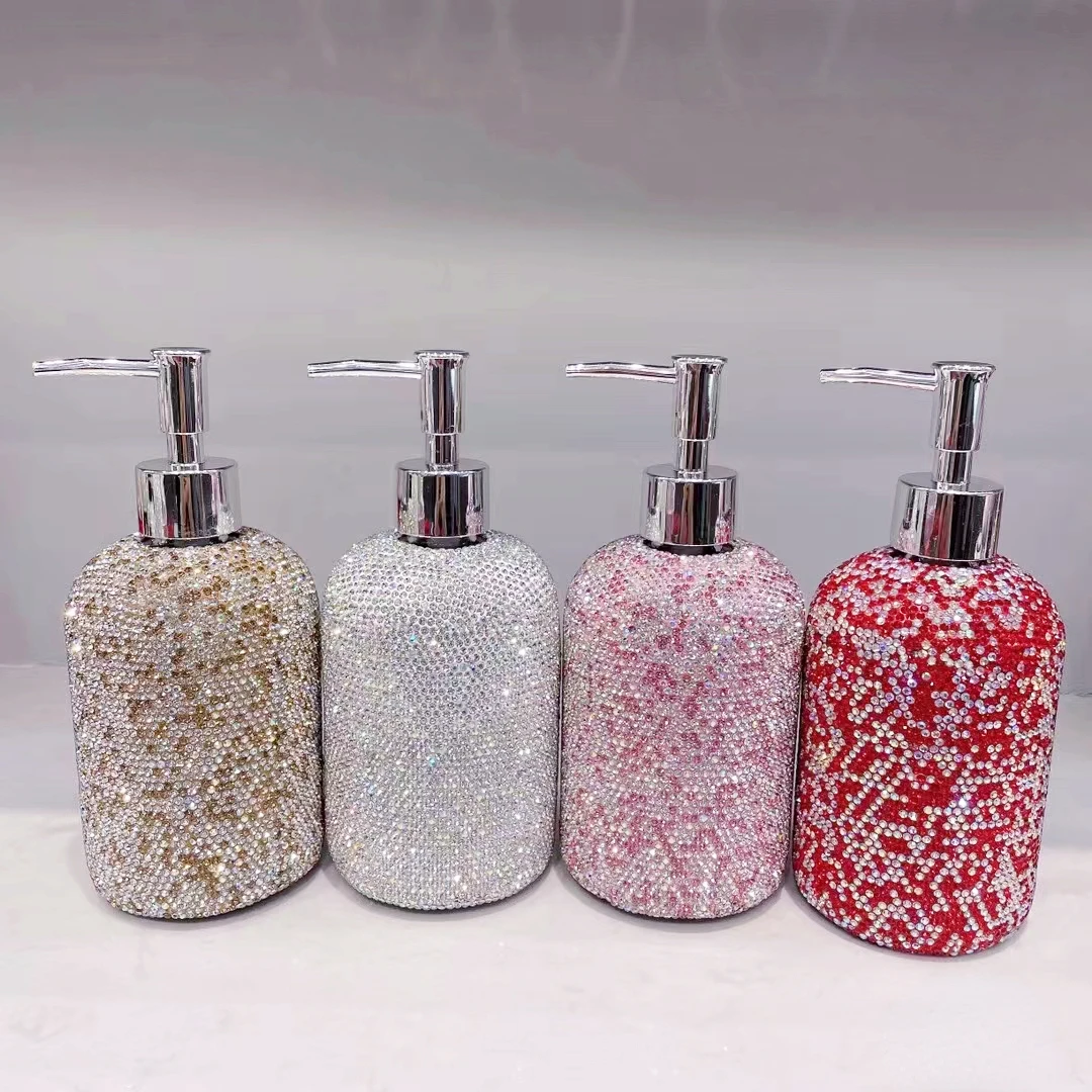 500ml Sparkling Soap Bottle Inlay Rhinestones Refillable Shampoo Shower Gel Hand Soap Dispenser Bottle for Bathroom and Kitchen