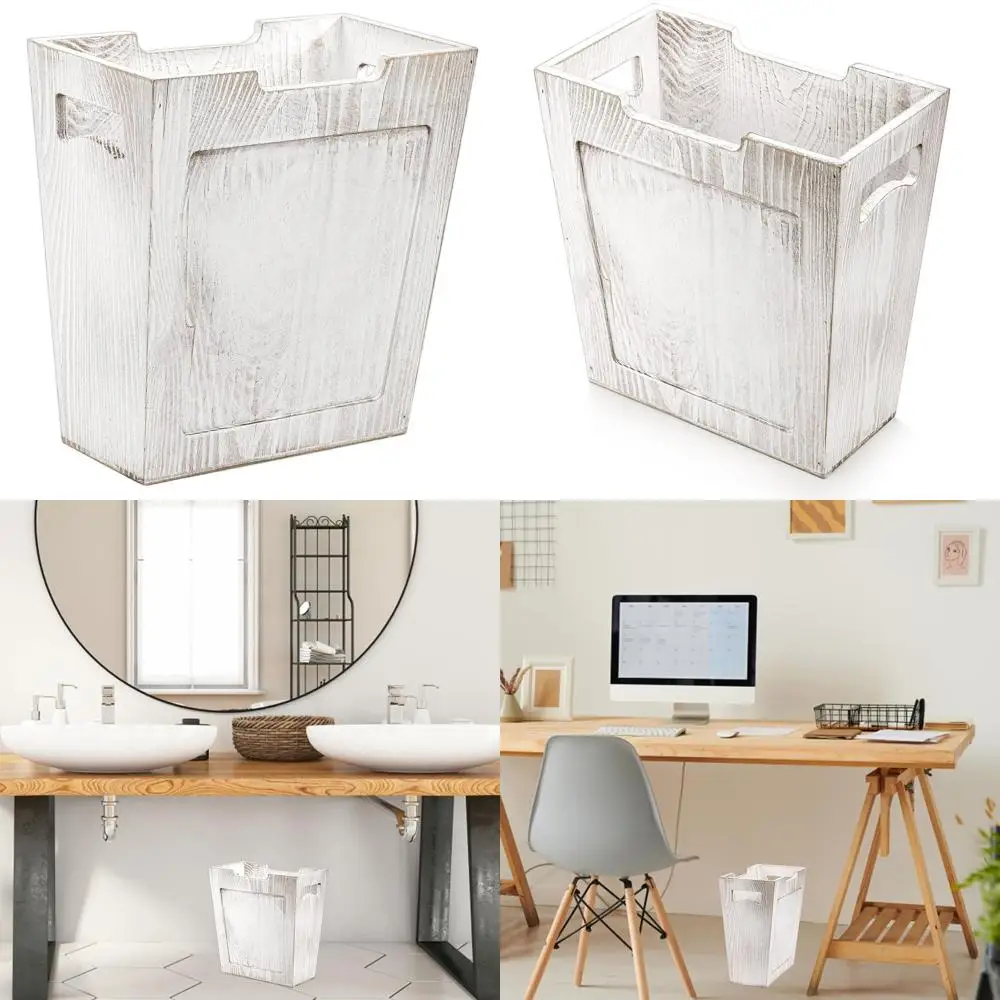 

Rustic Farmhouse Wooden Trash Bin with Handle, Small Rectangular Decorative Wastebasket for Home and Office