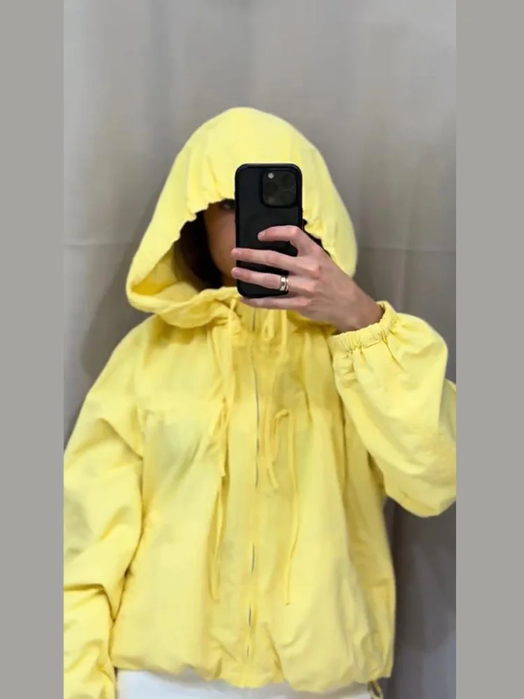 Reißverschluss-Mantel mit langen Ärmeln und Schleifenkappe für Damen, Streetwear mit Laternenärmeln, Schnürung, einfarbig, locker sitzender Mantel, modische Damen-Oberbekleidung, neu – Detail 10