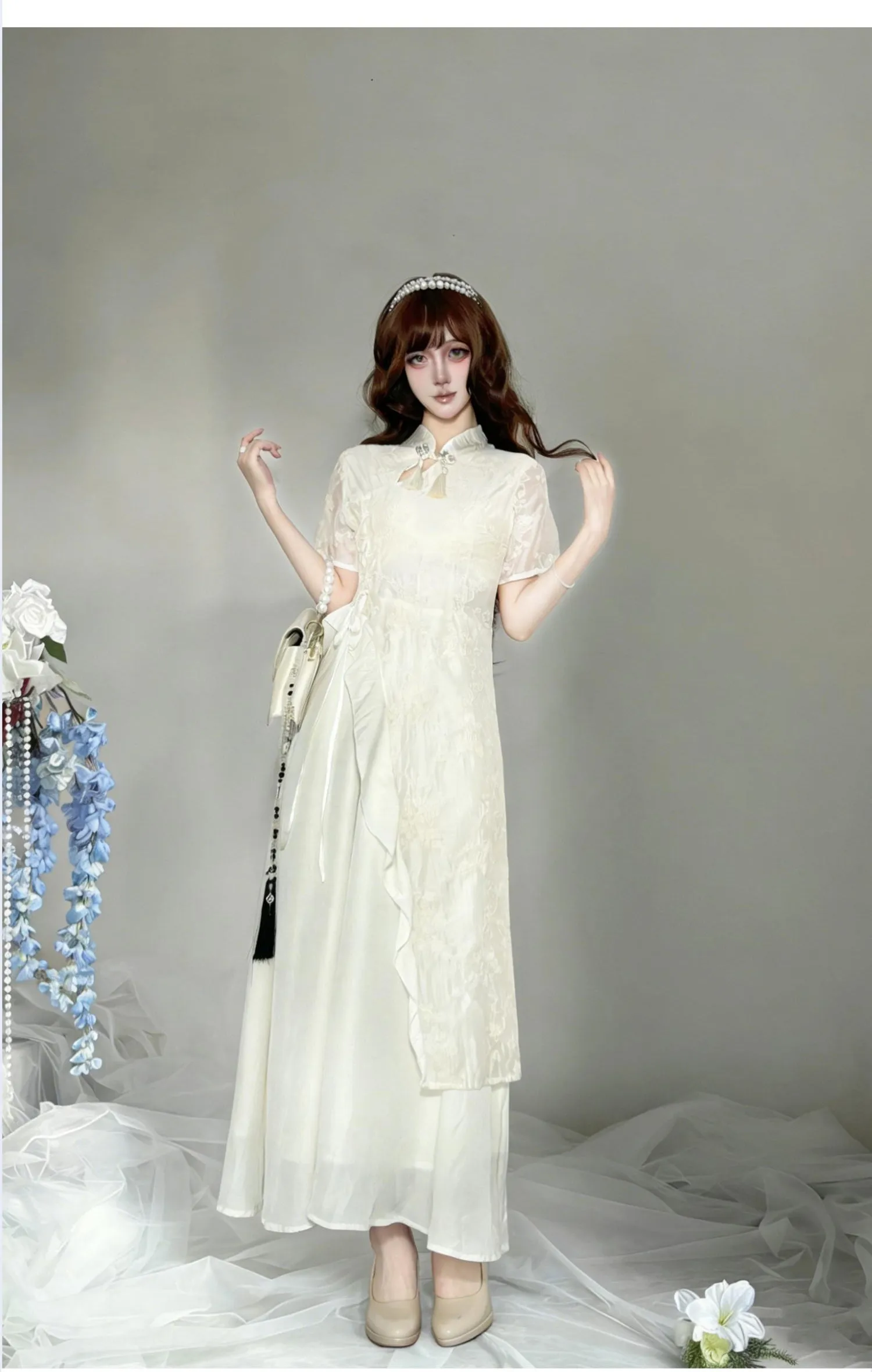 Elegant White Cheongsam Dress For Women Modern Chinese Style Qipao Asymmetrical Maxi Dress For Daily & Party - view 6