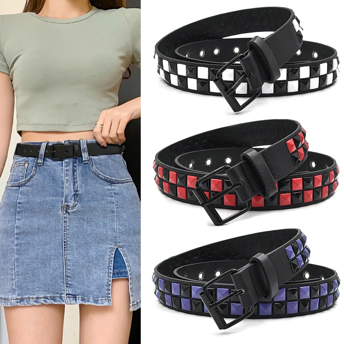 Cinturón Punk con remaches morados para mujer, accesorios para vaqueros de Hip Hop Y2k, faja de moda, cinturón con hebilla de cuero Pu, Unisex