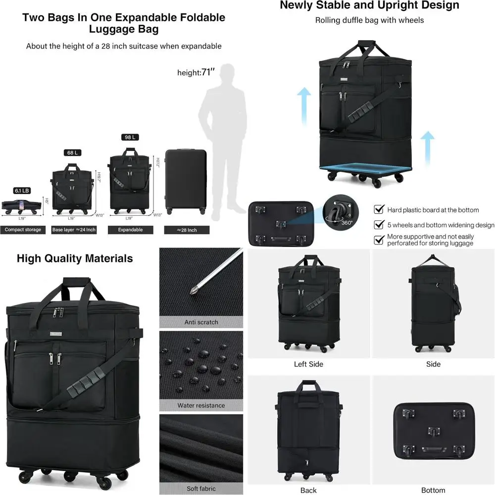 

Складная дорожная сумка-даффл на колесах, легкий большой чемодан для багажа, черный