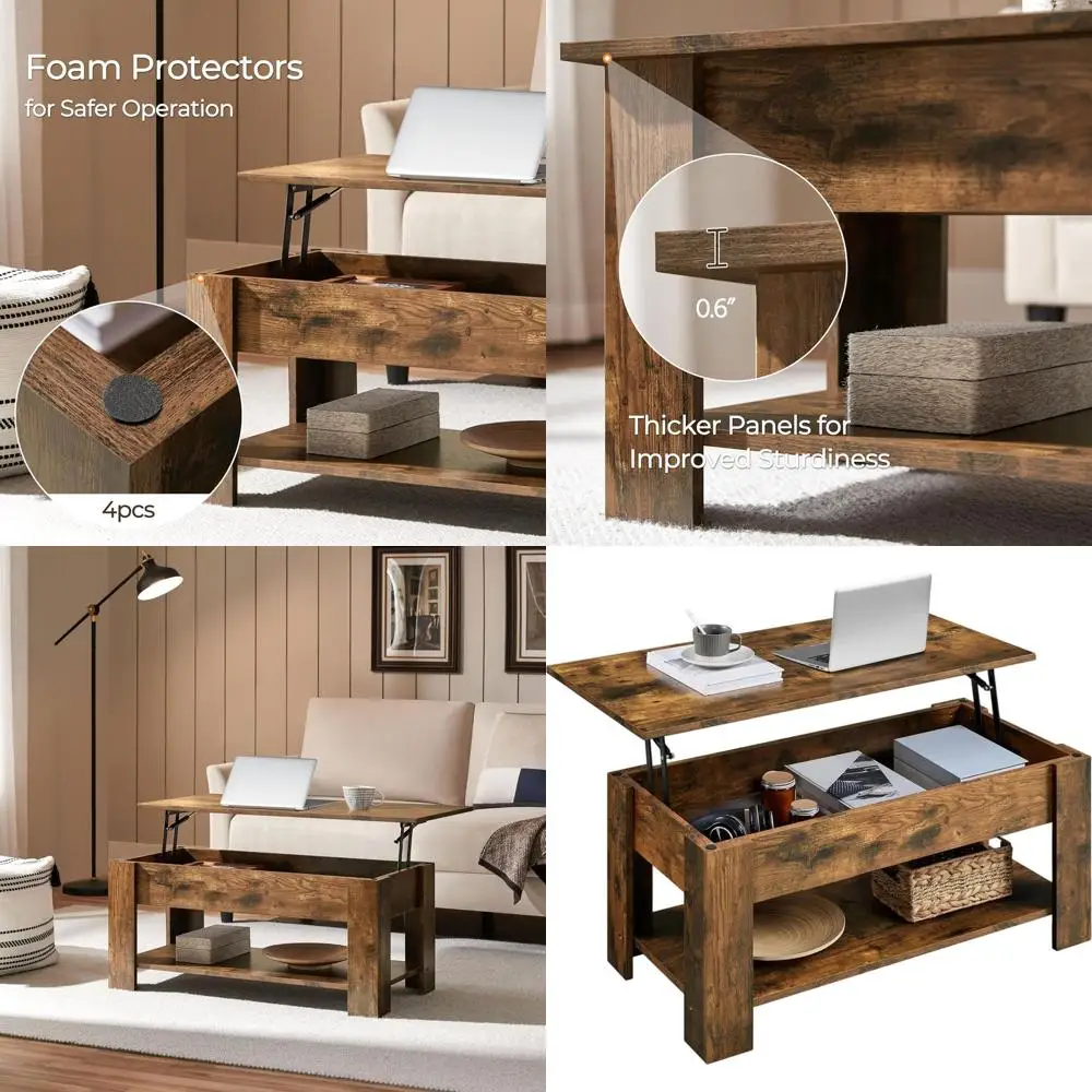 

Rustic Brown Coffee Table with Hidden Storage Shelf, 38.6in, Ideal for Small Spaces