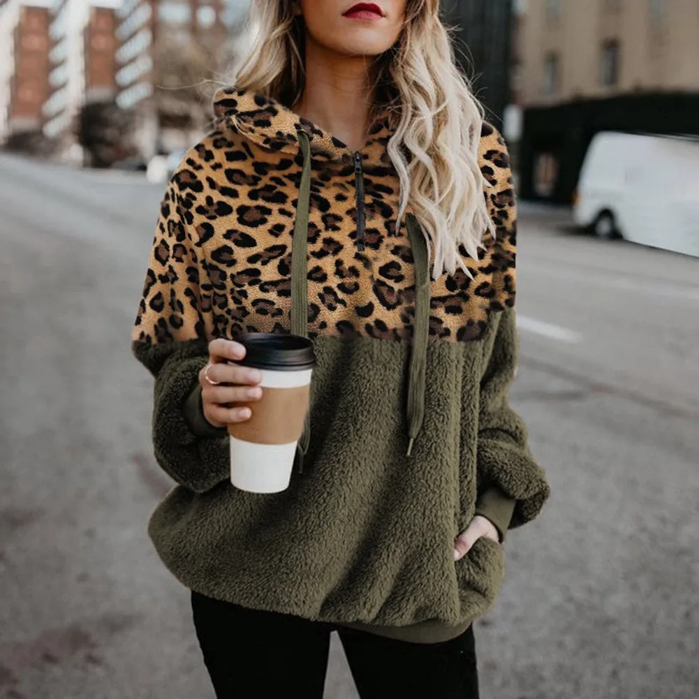 Women\'s New Fashionable and Personalized Street Style Casual and Versatile Long Sleeved Leopard Print Patchwork Zippered Hoodie