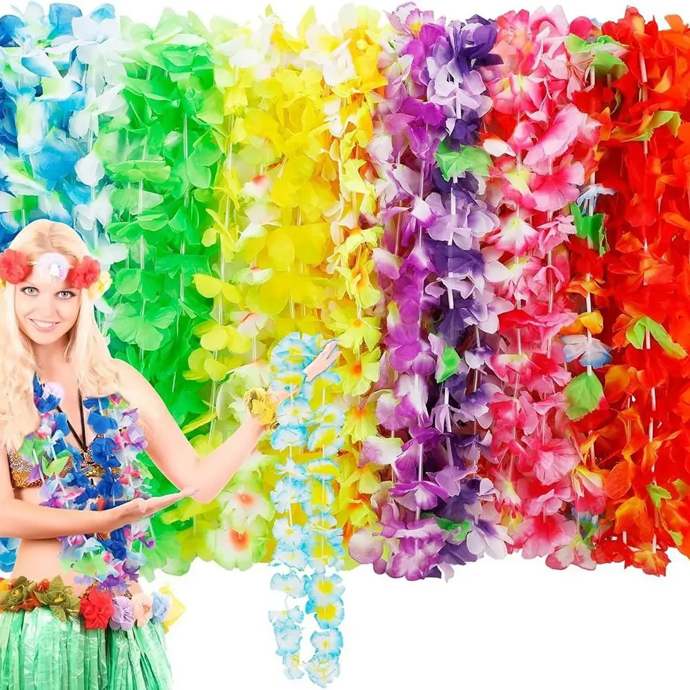 

24/50/100Pcs Colorful Hawaiian Leis Vibrant Artificial Silk Flower Necklace Beach Holiday Reusable Hawaii Flower Lays