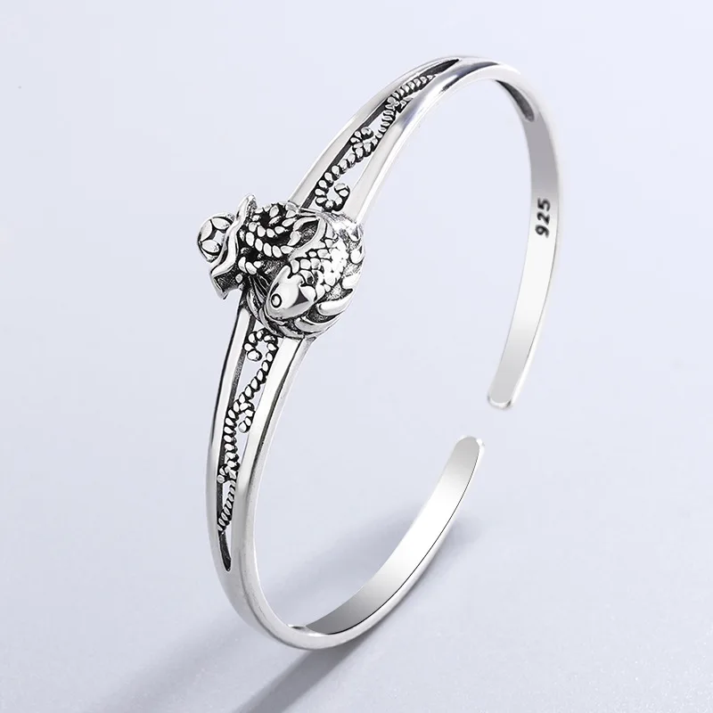 Neue Retro Thai Silber Segen Tasche Karpfen Muster Armbänder 925 Sterling Silber Schmuck Mode Fisch Öffnung Armreifen TYB123
