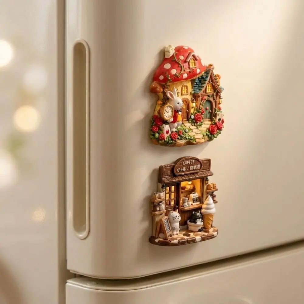 Resin 3D Embossed Refrigerator Sticker Shop Shape Cat Themed Refrigerator Magnet House Themed Ornaments Refrigerator Decoration
