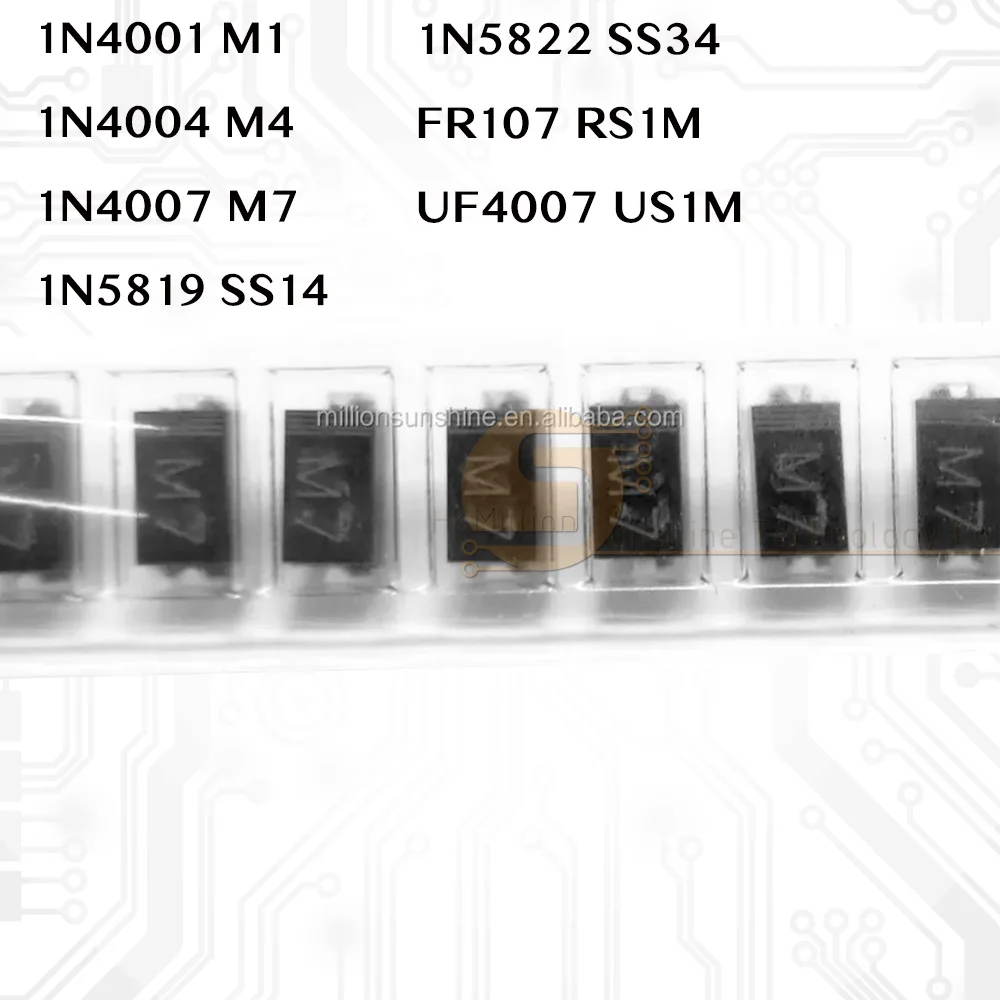 50PCS  SMD SMA Diodes IN4001 M1 IN4004 M4 1N4007 M7 1N5819 SS14 1N5822 SS34 FR107 RS1M UF4007 US1M Schottky Diode