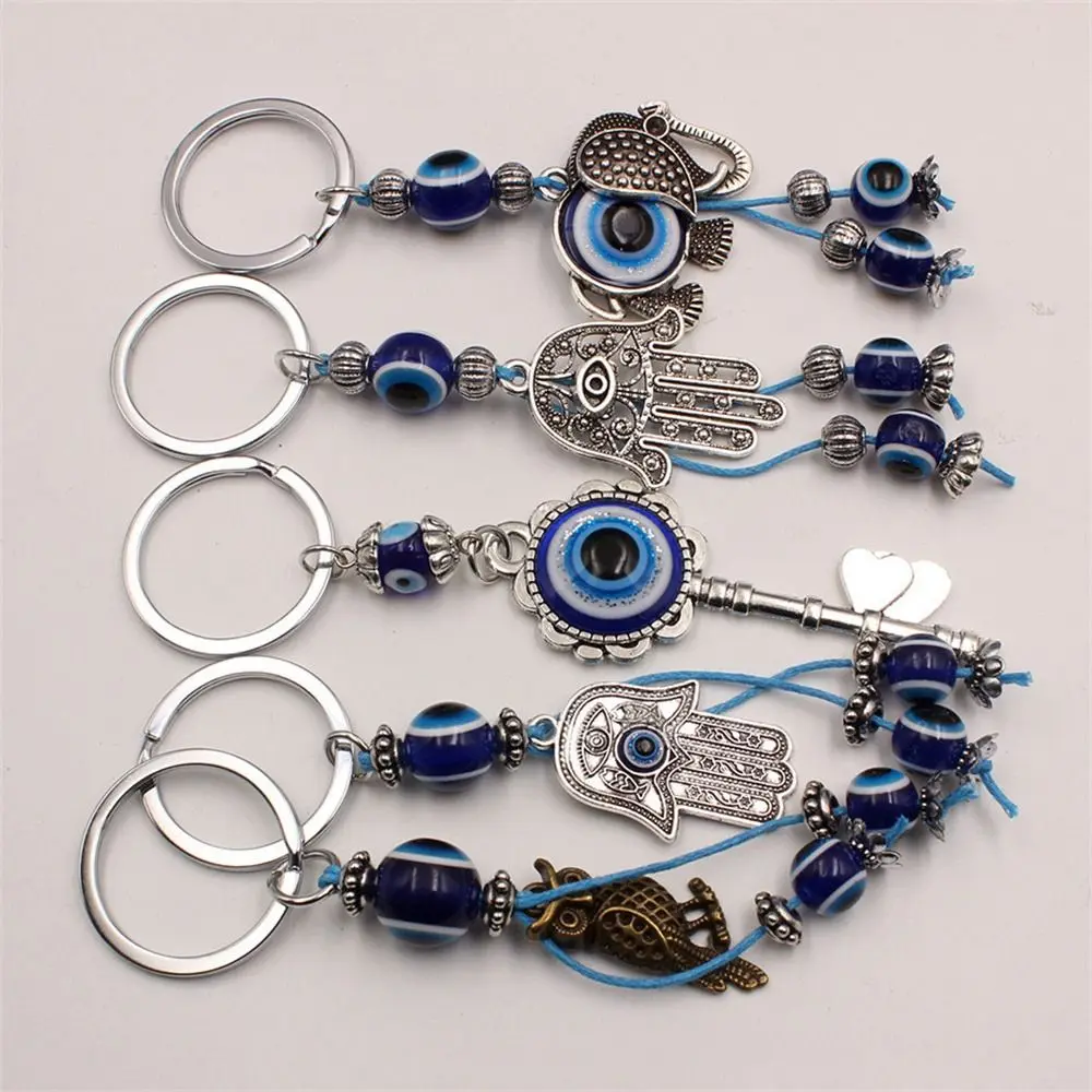 Fashion Blue Color Lucky Eye Keychain Elephant Hasma Hand Evil Eye Keyring Key Holder Owl Keys Fatima Hand Pendant Jewelry Gift