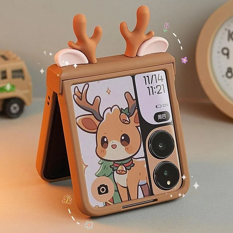 

Cute Brown 3d Deer Ears flip phone case for Samsung Z Flip 6 ZFlip5 OPPO Find N2 N3Flip/Motorola Razr50ultra Case with lanyard