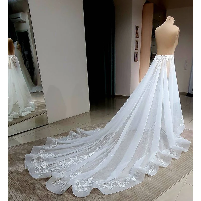 Lace Appliques Organza Bridal Detachable Skirt Wedding  Removable Train for Dresses