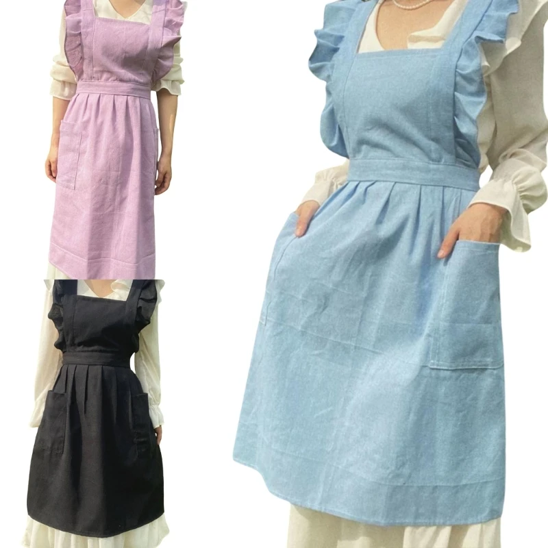 Women Ruffled Apron Pinafore Dress Adjustable Casual Apron with Pocket Women Kitchen Apron for Baking Cooking Gardening