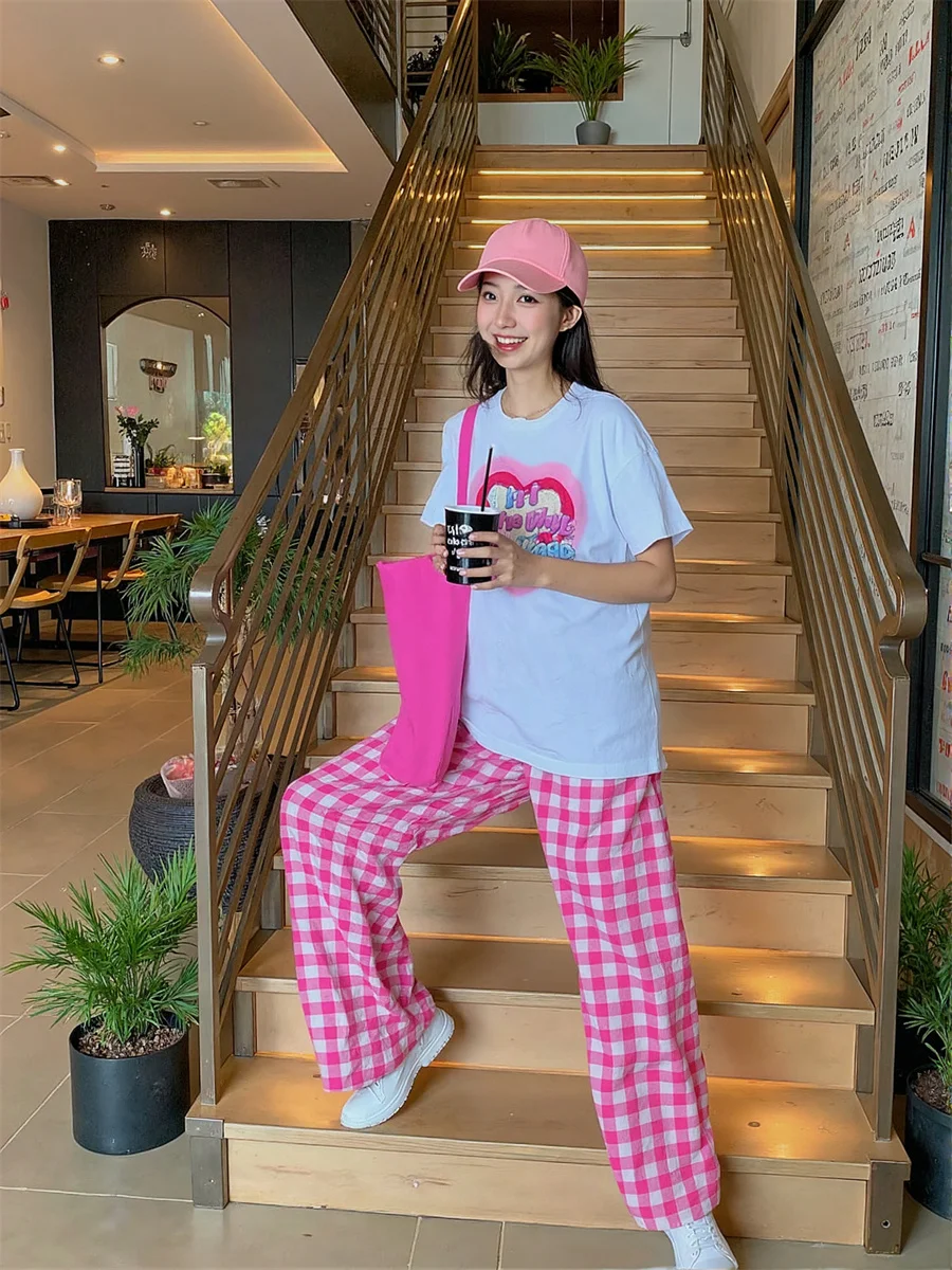 Disegni di pantaloni per donna Blu Rosa Plaid Palazzo Gamba extra larga che scorre Elegante festa serale formale Occasioni speciali Drappeggio