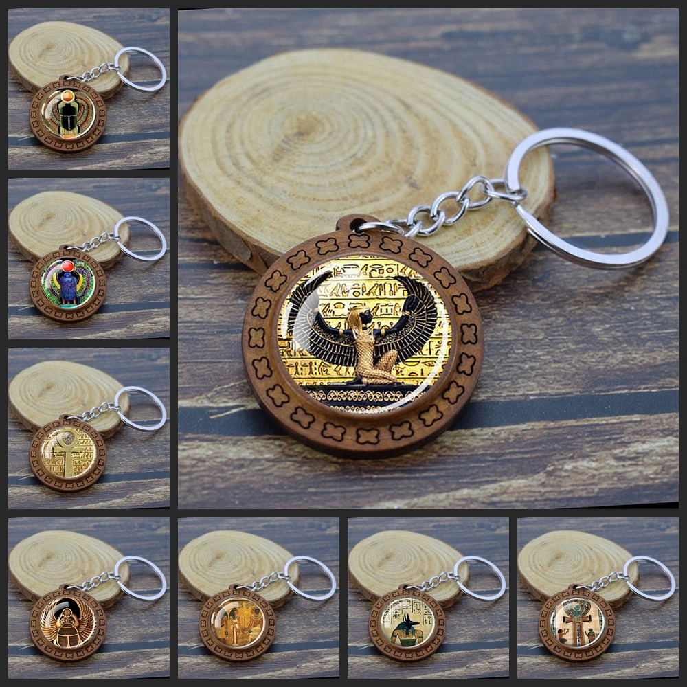 Ancient Egypt Culture Keychains Vintage Wooden Pendant Glass Dome Key Chains Ankh Sphinx Anubis Scarab Goddess Egyptian Keyring