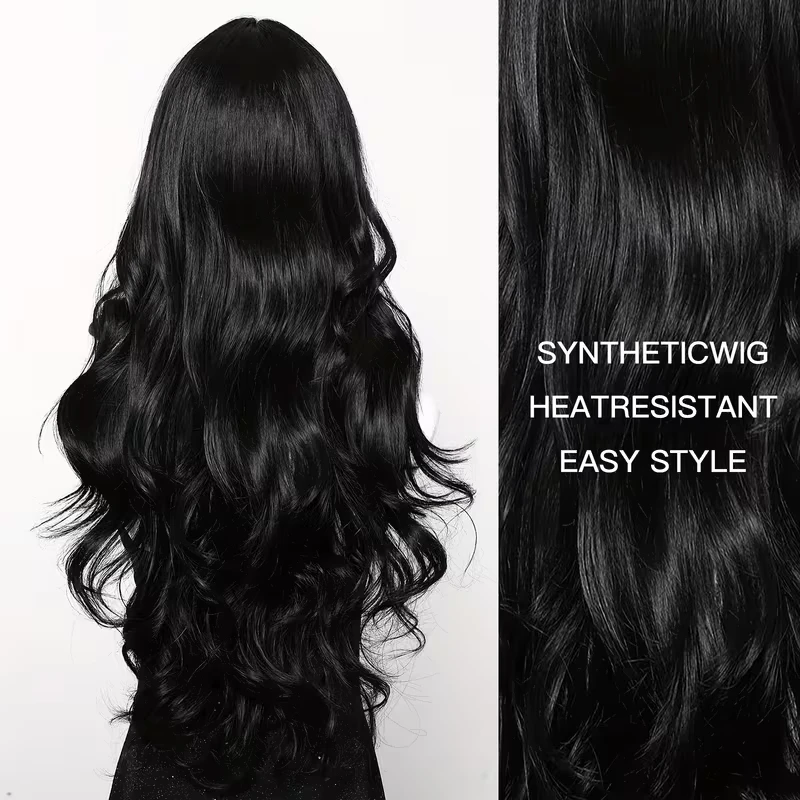 Long curly black synthetic wig for Halloween cosplay, costume hair for daily parties, high-temperature hair accessory