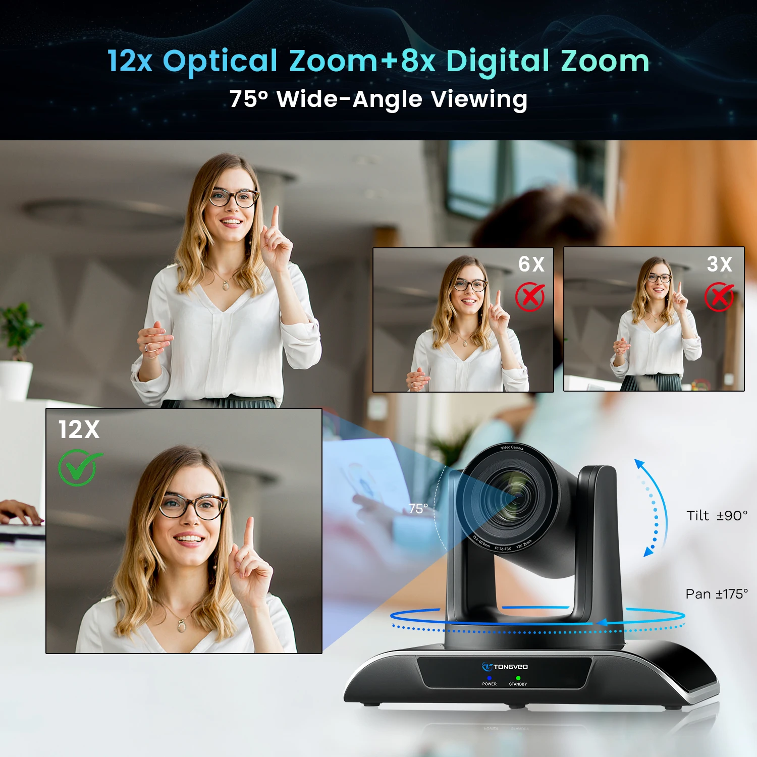 Tongveo 12X Optical Zoom USB3.0 HDM1 PTZ Conference Camera with Speakerphone Conference Camera System for Live Streaming