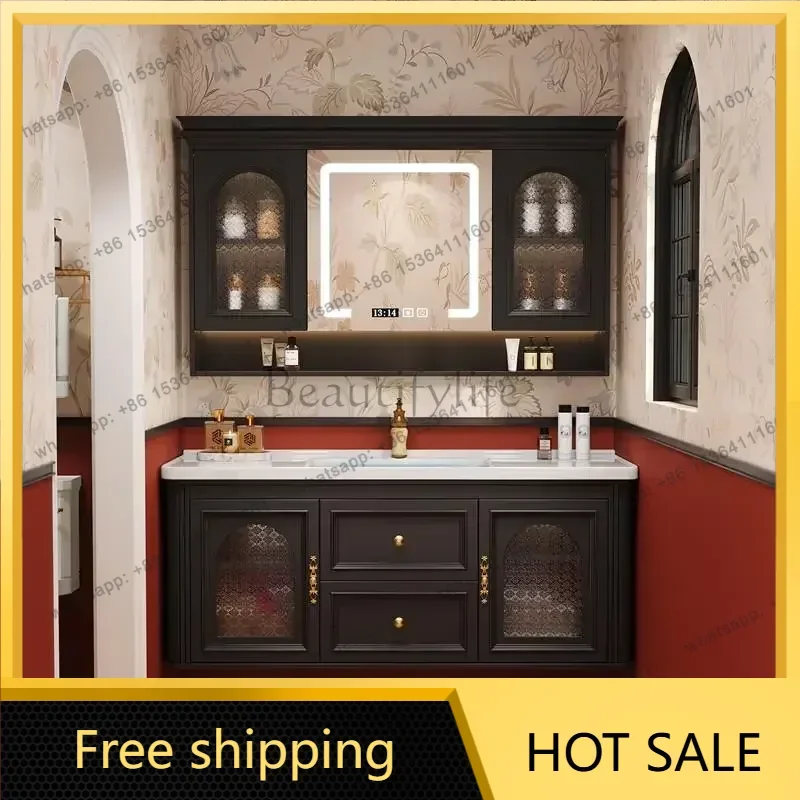 LJY Luxury Door Bathroom Cabinet Retro Wooden Hidden Set Bathroom Cabinet Minimalist Sink Armario Shower Gabinete Hotel Furnitur