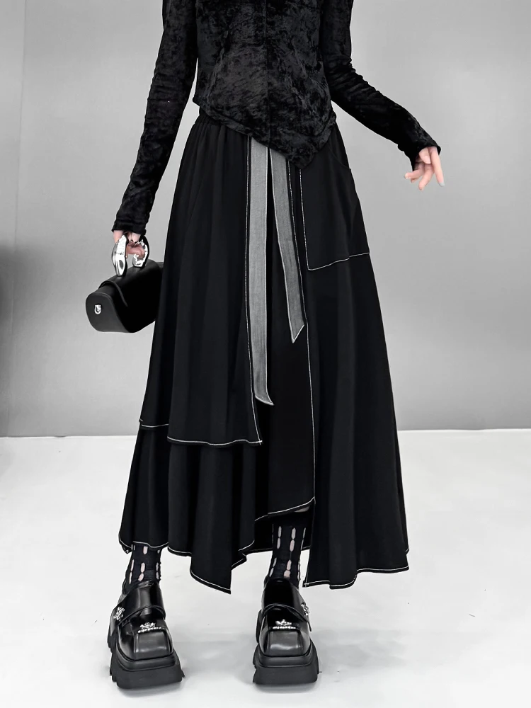 Fashionable Loose A-Line Midi Skirt Women's Autumn 2026 Elastic Waist Half-length Dark Style Polyester City Commute Outdoor