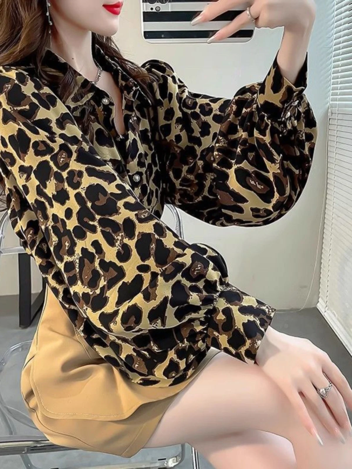 Wyszczuplający Top z Nadrukiem w Leoparda, Modny, Damski, Jesienny, z Szyfonu, Elegancki, Luźny, Długi...