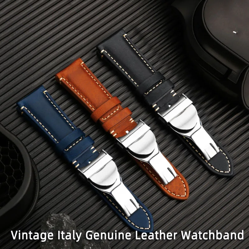 PCAVO 22mm Brown black Vintage retro Italy Genuine Leather Watchband For Tudor Strap watch band Butterfly buckle Belt