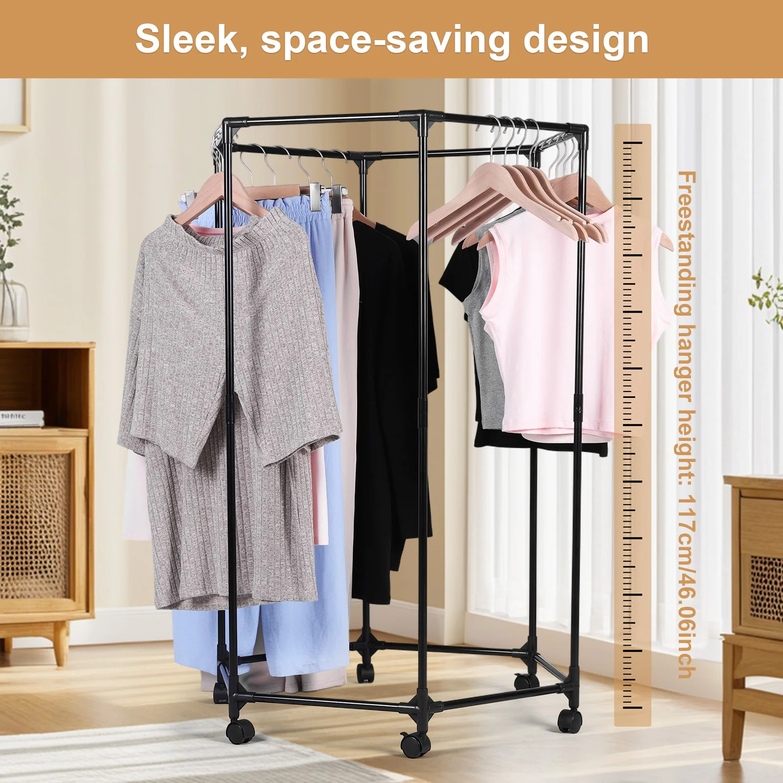 حاجز ملابس عالي التحمل سداسي مع عجلات حامل ملابس معدني للملابس للاستخدام اليومي في المنزل في الفندق إضافة مساحة الخزانة