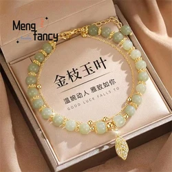 Natural Hetian Jaspe Pulseira para Meninas, ramo dourado, folhas de jade, jóias requintadas, Best Selling Holiday Gift, Sexy, moda