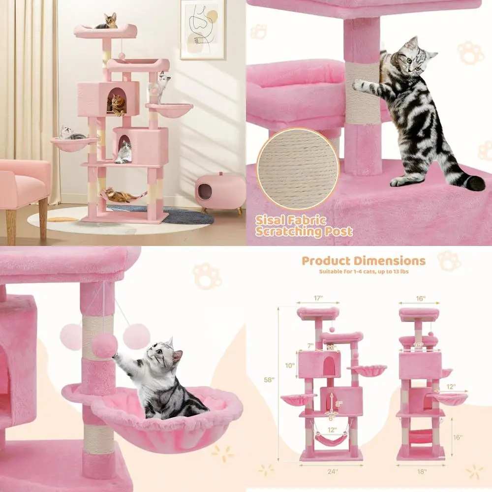 

Compact Pink Cat Tree with Scratching Post, 2 Perches & 3 Swings for Small Cats, Ideal for Tight Spaces, 58 Tall