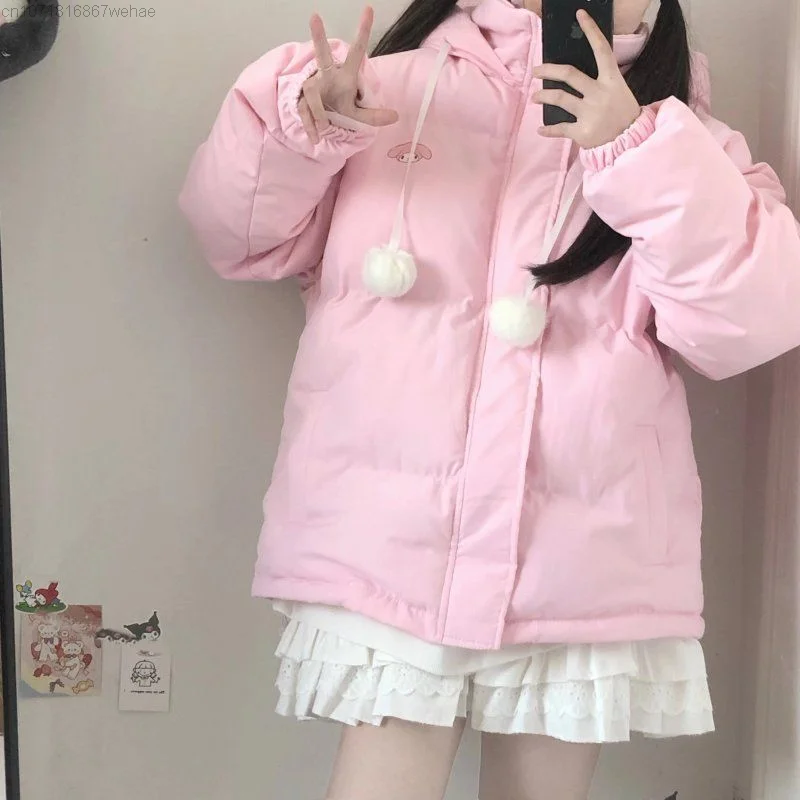 Sanrio Melody Kawaii Sweet Pink Down Coat for Women Y2k Trendy Parkas Korean Style Winter Hooded Cotton Padded Jacket Clothes