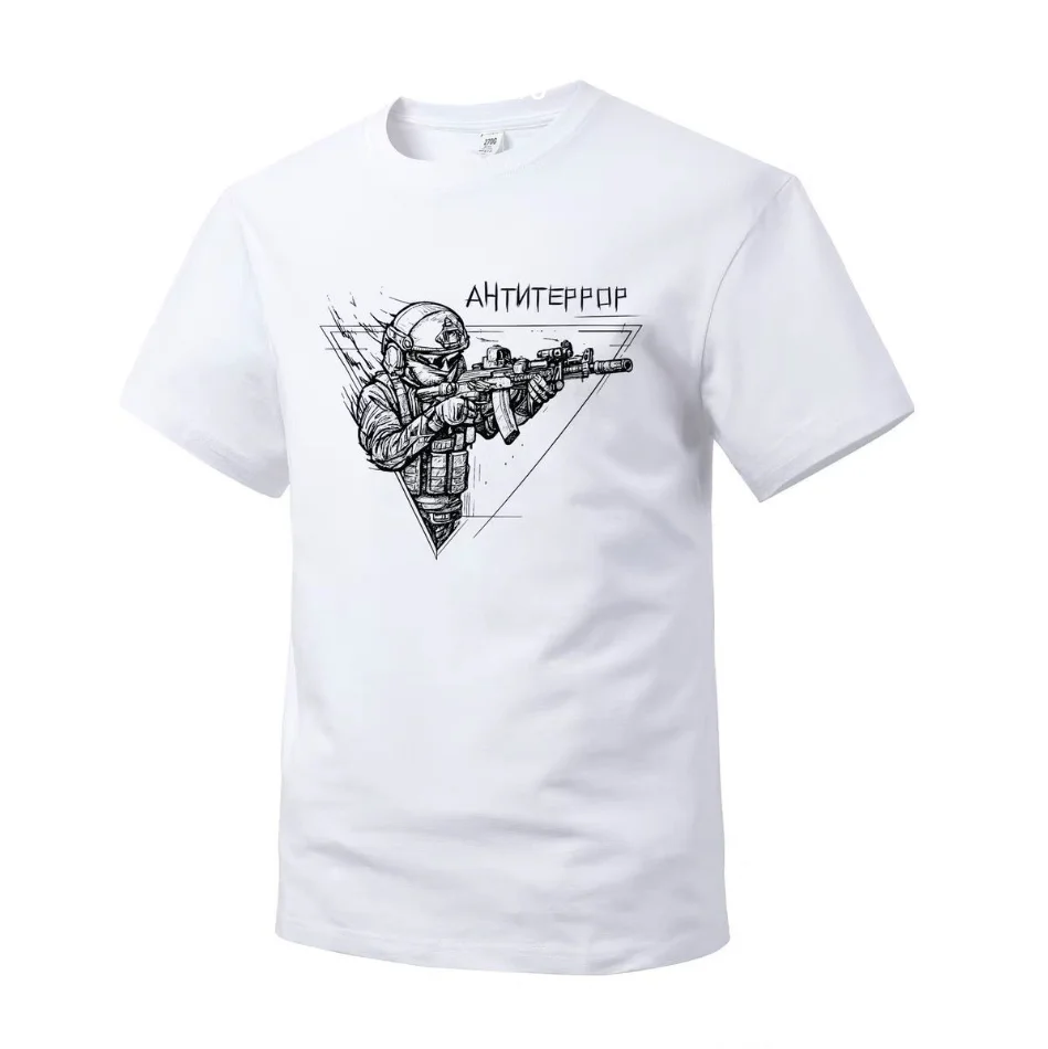 Russian Special Forces Antiterror Soldier Graphic Print Unisex T Shirt Crew Neck Short Sleeve Tee Military Tactical Casual Tops
