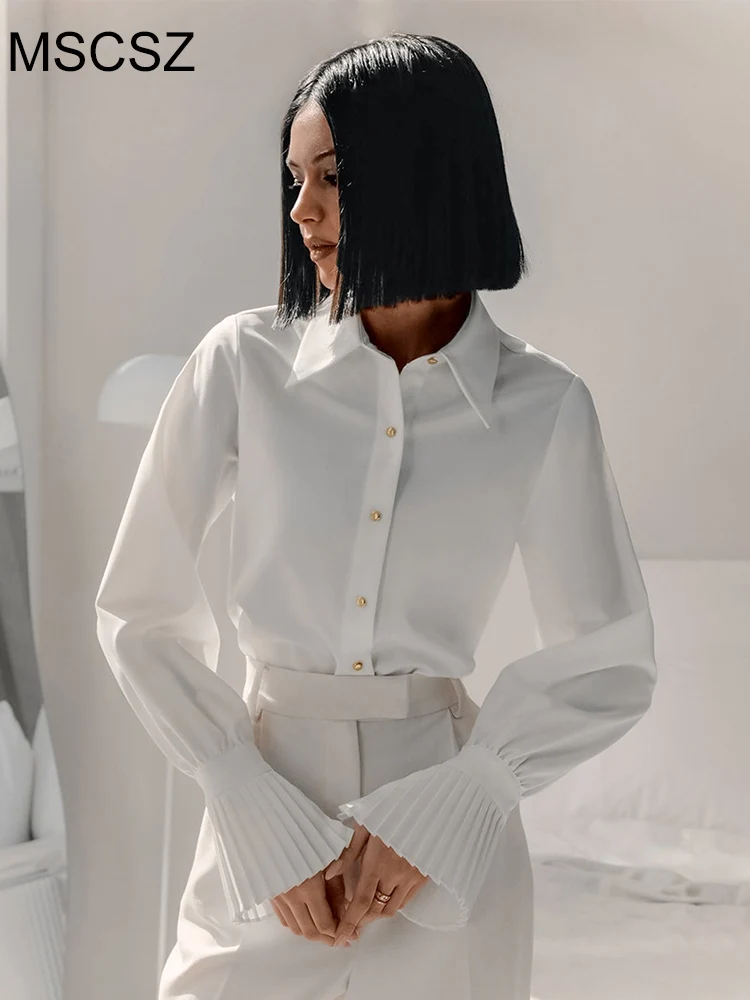 MSCSZ White Formal Shirts For Women Button Up Flare Long Sleeve Shirt Vintage Office Shirt For Women Spring Fall Blouse