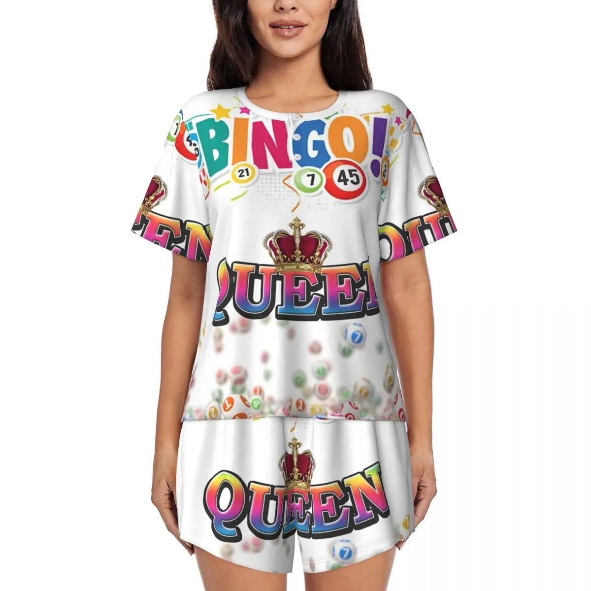 Custom Bingo Queen Pajama Sets for Women 2 Piece Paper Game Short Sleeve Pjs Shorts Sleepwear