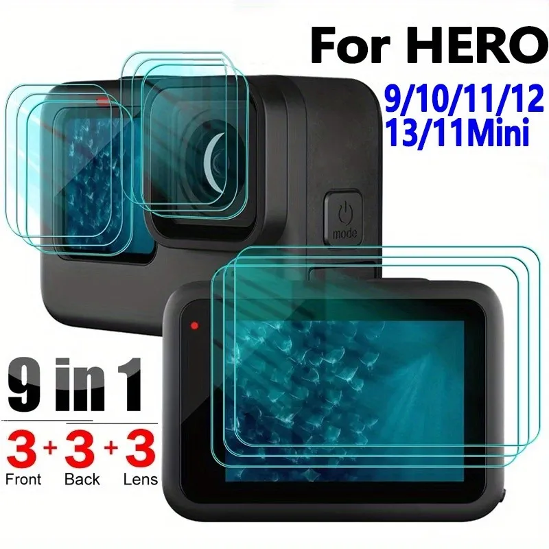 Tempered Glass for GoPro Hero 13 12 11 10 9 Mini Camera Clear Temepered 3-in-1 Front Rear Screen Protector Lens Tempered Film