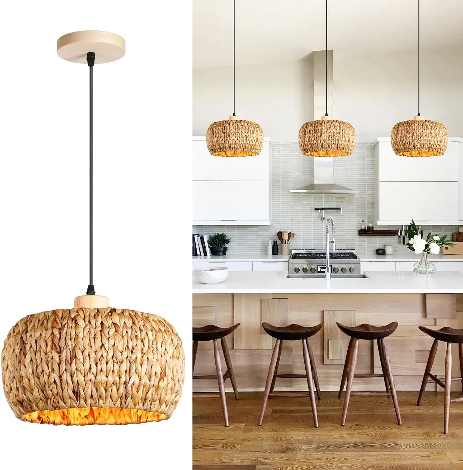 Hand-Woven Pendant Light Boho Light Natural Rattan Hanging Lighting Kitchen Corridor Bedroom Dining Living Chandelier