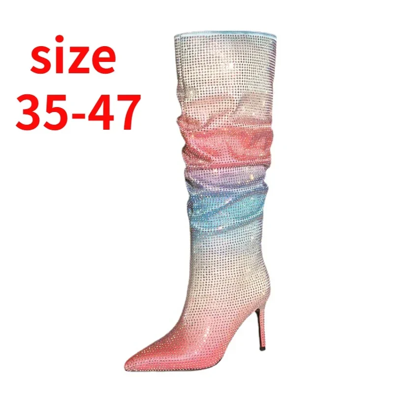 

2024 Brand New Fashion Elegant Slip-on Rhinestone High Heels Sexy Luxury Party Knee Boots for Women Big Size Shoes 43 45 46 47