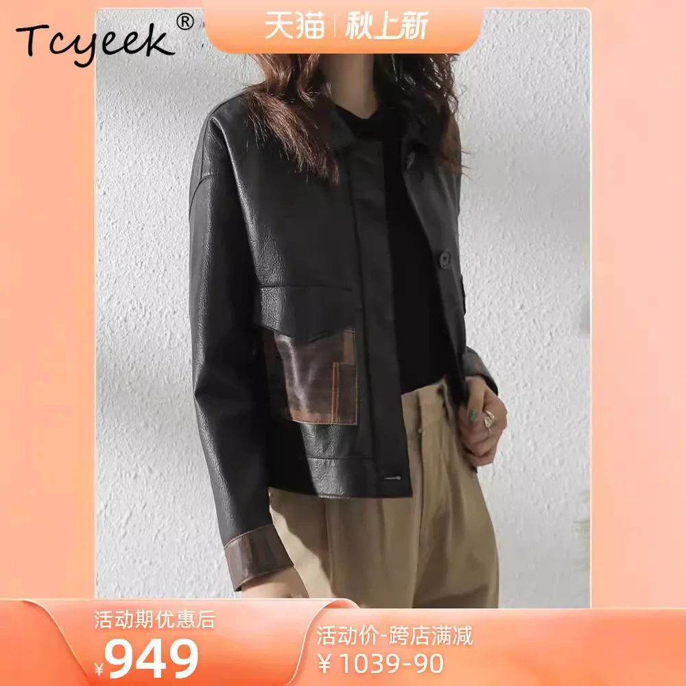 Tcyeek Schaffell Frühling Herbst Trendy Revers Kurze Lokomotive frauen Aus Echtem Leder Jacke Jaqueta De Couro Legítimo Feminina