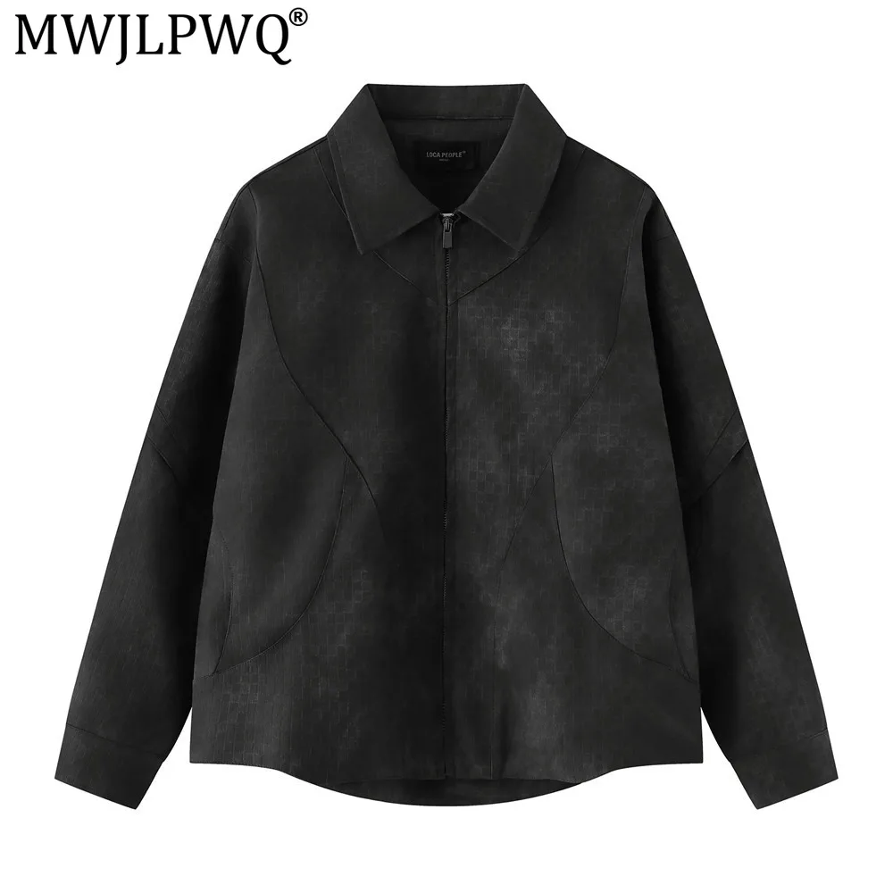 MWJLPWQ Dark Pattern Distressed Leather Jacket For Men Trendy Punk Design Deconstructed Lapel Tops 2026 Autumn Trendy 20460
