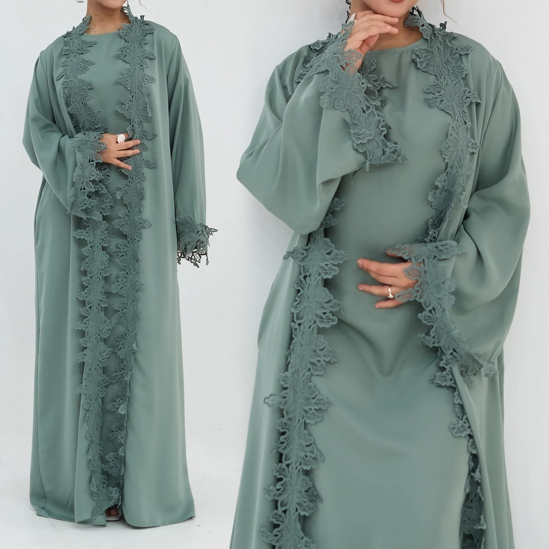 Eid Evening Party Events Hijabi Outfit Relaxed Regular-Fit Crochet Lace Trim Muslim Women Abaya Dress Set Dubai Islamic Clothes