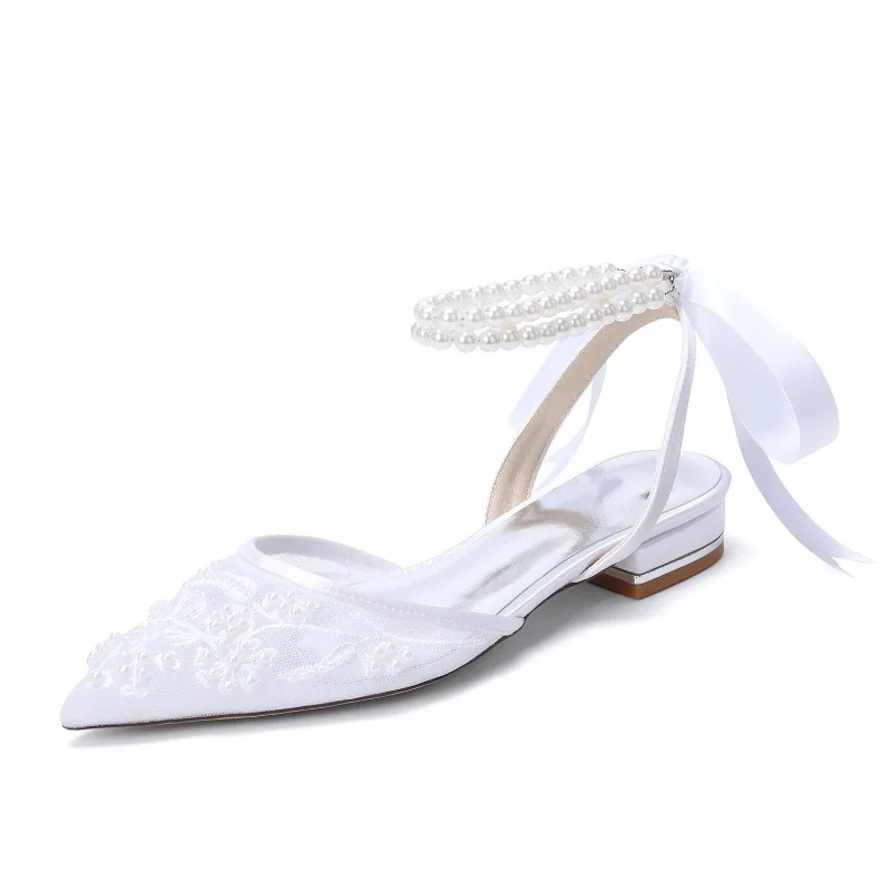 Women's Sandals Temperament Lace Embroidery Mesh Shoes Luxury Pearl Ankle Strap Wedding Bridal Shoe Beautiful Women Flat Sandals - view 5