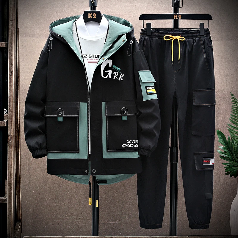 Spring Casual Men Sets Two Pieces Fashion Korean Trend Hooded Jacket + Pants Autumn Baseball Uniform Suit Man Outfit