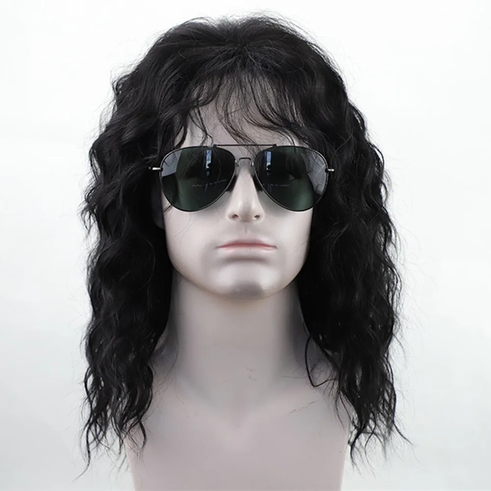 

Natural Curly Black Synthetic Men Wig with Bangs Water Wave Style Adjustable Daily Cosplay Male Hair Wig