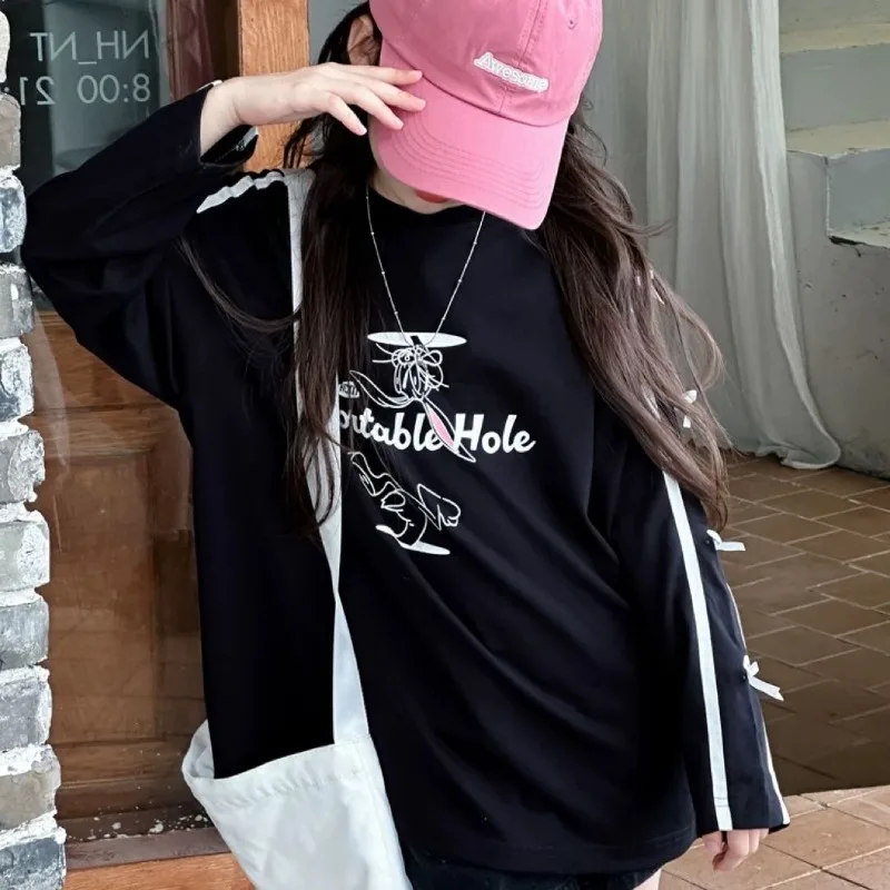 Bow Cartoon Loose T Shirt Teenage Girl Clothes 7 8 Years Children's Long T-shirt Top Spring Autumn Kids 2025 Clothing Little 10
