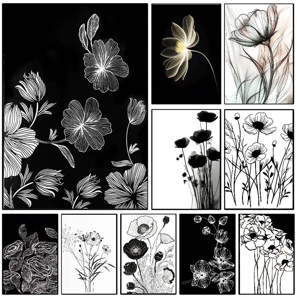 Black And White Flower And Plant Art Poster Art Sticky Wall Waterproof Home Living Room Bedroom Bar Aesthetic Decoration