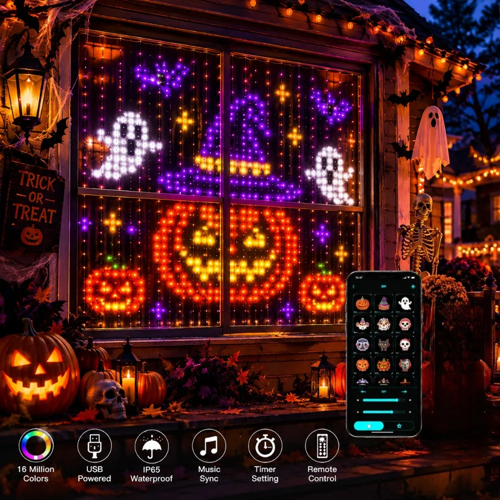 ledスマートカーテンライト、ハロウィーン用、usb電源、防水、多色、bluetoothアプリで制御可能、窓の装飾に最適、新品。